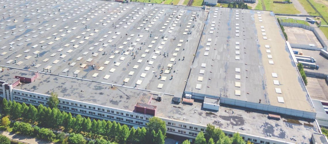 Massive commercial building flat roof